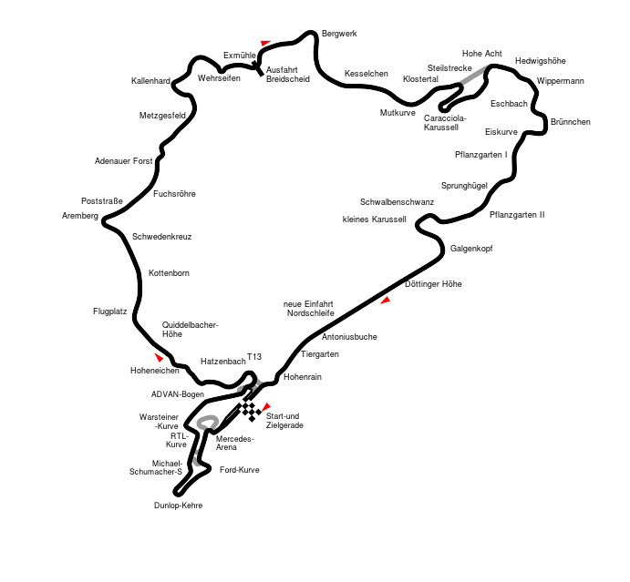 Il tracciato completo del Nurburgring Nordschleife, nella configurazione dedicata alle gare 
