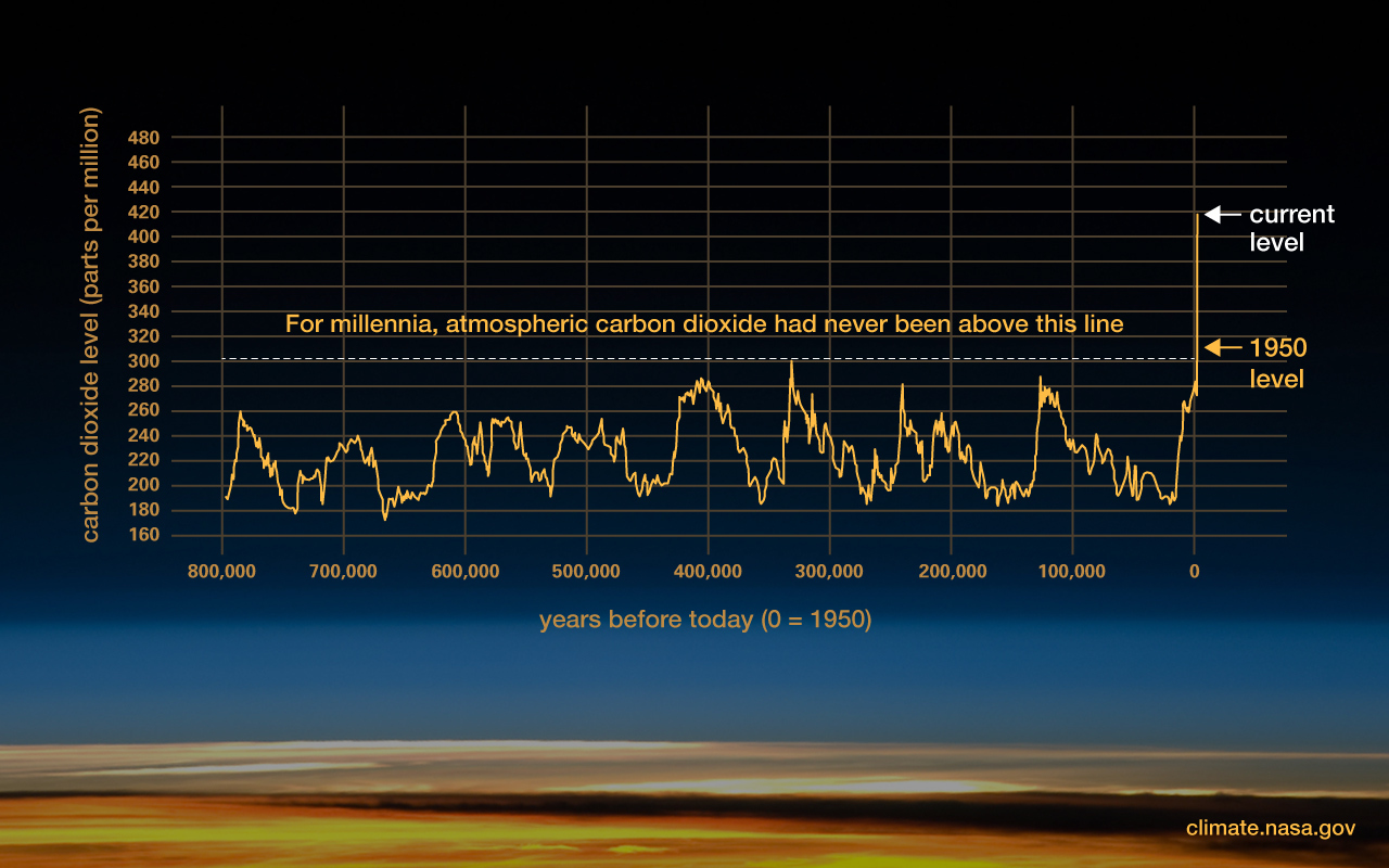 Curva dell'andamento della CO2 nel corso dei millenni in cui si vede come, a partire dal 1950, ha avuto un andamento di crescita esponenziale